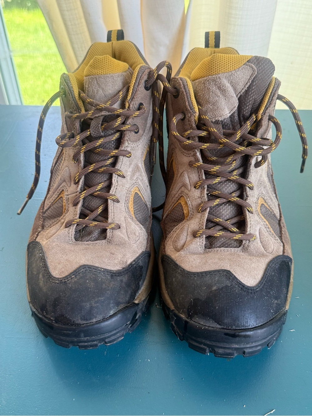 Men's vasque Brown and Black Hiking Boots with Yellow Accents size 10